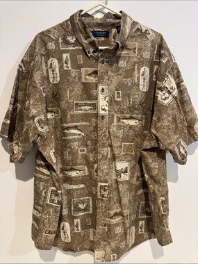 Men’s Brown & Cream Fish Motif Camp Shirt size 3x